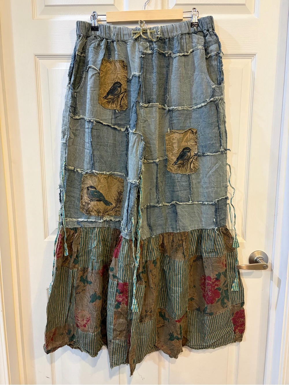 NWT Pocket Full of Birds Patchwork Extra Wide-Leg Boho Pants A Rare Bird